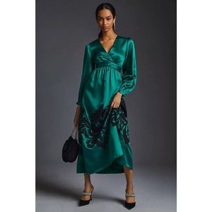 NWD Anthropologie Nikasha Embroidered Satin Dress Size XL Green